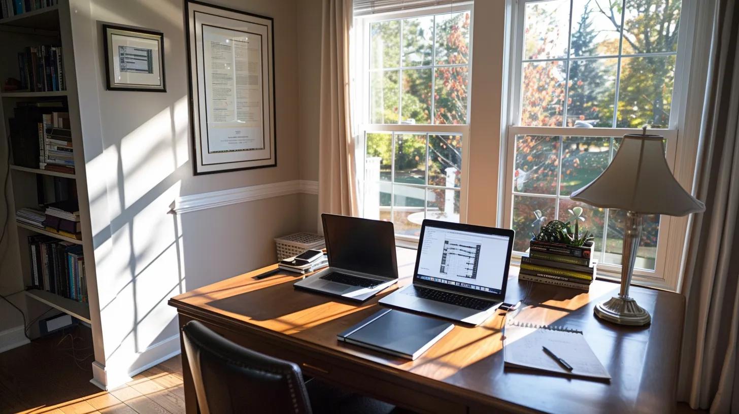 a bright and informative home office setting featuring a sleek desk with open books and a laptop displaying detailed schematics of impact windows, emphasizing clarity and professionalism in addressing homeowners' inquiries. a bright and informative home office setting featuring a sleek desk with open books and a laptop displaying detailed schematics of impact windows, emphasizing clarity and professionalism in addressing homeowners' inquiries.