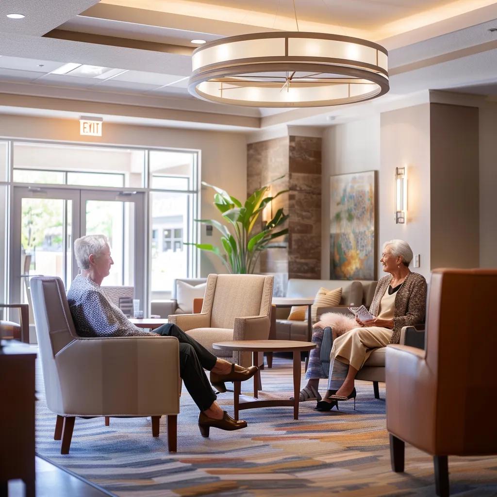 a bright and inviting common area in a modern senior living facility, featuring stylish yet comfortable furnishings and residents engaging in friendly conversation, highlighting the warmth and affordability of community living. a bright and inviting common area in a modern senior living facility, featuring stylish yet comfortable furnishings and residents engaging in friendly conversation, highlighting the warmth and affordability of community living.