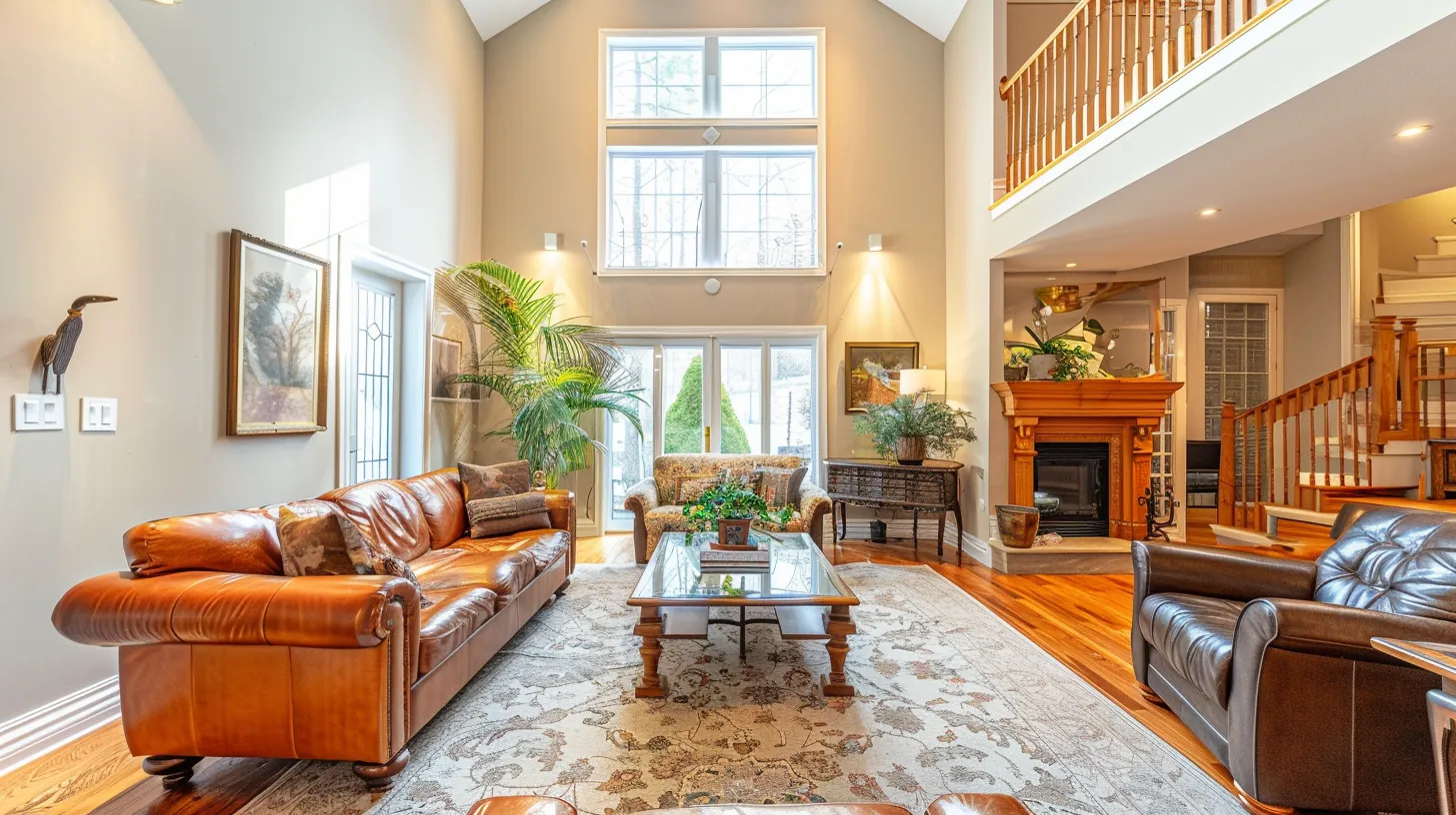 a bright and inviting living room in a stylish home, meticulously cleaned and organized, showcasing a pristine atmosphere that embodies the time-saving benefits and enhanced cleanliness achieved through professional cleaning services.