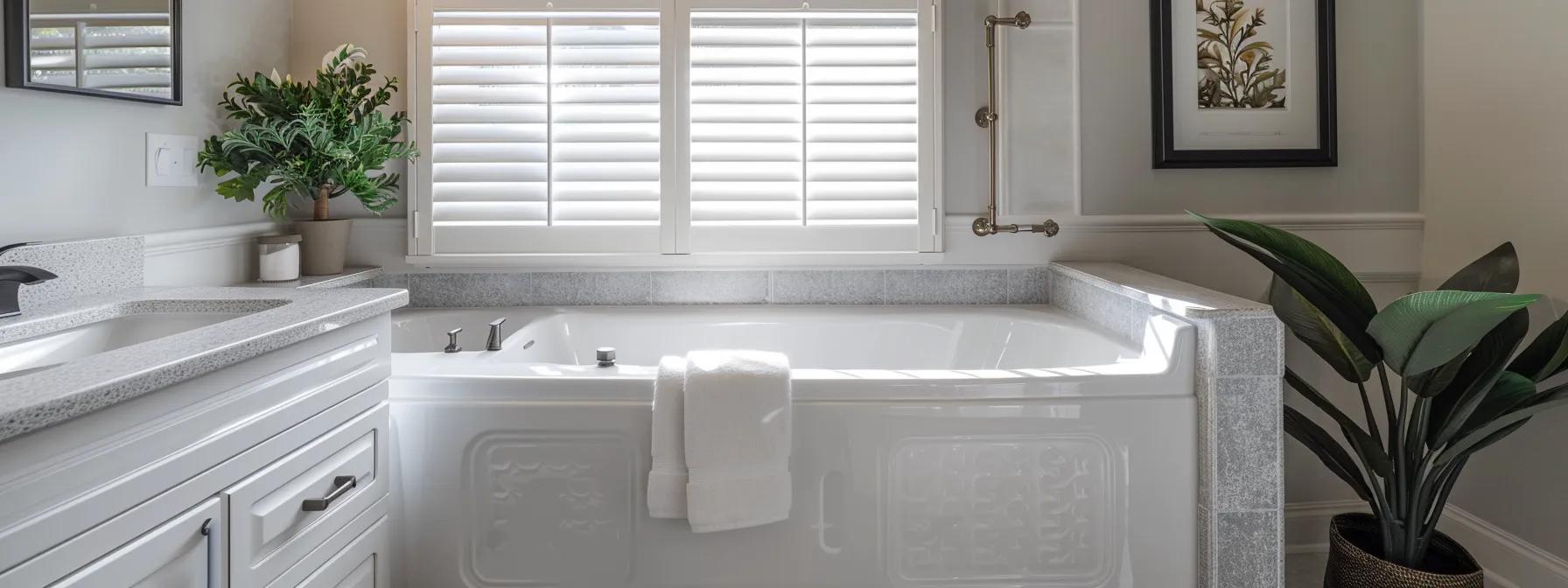 a bright and modern bathroom featuring a sleek walk-in tub equipped with safety bars and textured non-slip flooring, emphasizing accessibility and comfort for seniors.