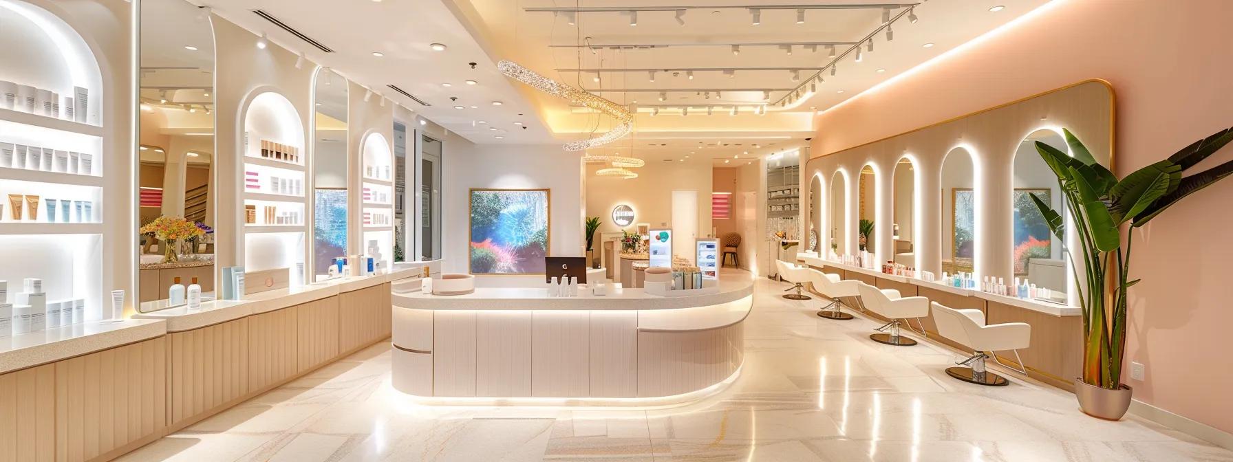 a bright and modern beauty salon interior showcases a stylish hair care station with an expert stylist expertly applying products to vibrant hand-sewn weft hair extensions, reflecting a commitment to maintenance and beauty.