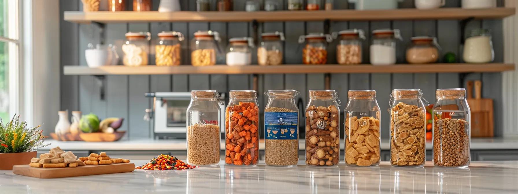 a bright and modern kitchen countertop showcases an array of beautifully packaged natural puppy treats, emphasizing quality and safety with vibrant colors and clear labeling in a well-organized setup. a bright and modern kitchen countertop showcases an array of beautifully packaged natural puppy treats, emphasizing quality and safety with vibrant colors and clear labeling in a well-organized setup.