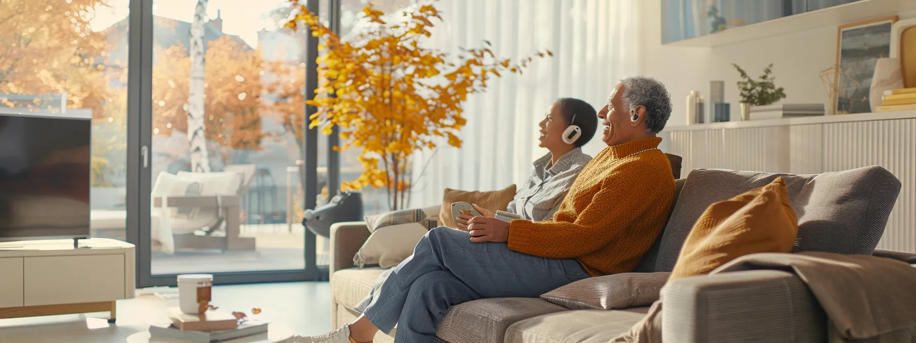 a bright and modern living room showcases a cheerful couple in their 50s engaging with sleek jabra hearing aids, surrounded by contemporary decor as they effortlessly stream audio from their devices.