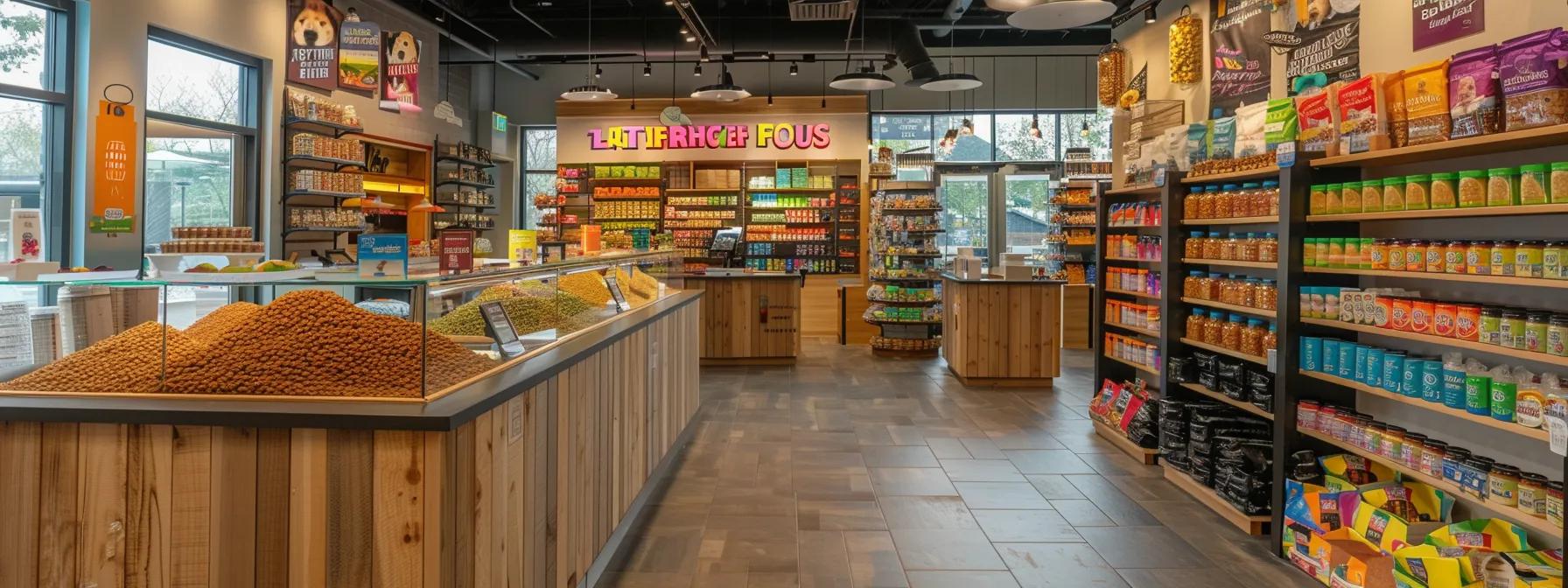 a bright and modern pet food store interior showcases a display of vibrant, locally-sourced, hypoallergenic dog treats, emphasizing the fresh ingredients and welcoming atmosphere that invites pet owners to explore healthy options for their furry companions. a bright and modern pet food store interior showcases a display of vibrant, locally-sourced, hypoallergenic dog treats, emphasizing the fresh ingredients and welcoming atmosphere that invites pet owners to explore healthy options for their furry companions.
