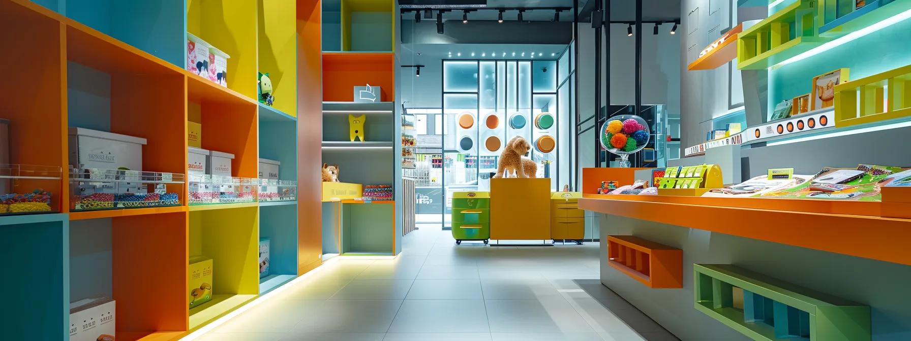 a bright and modern pet store interior showcases a vibrant display of various food-dispensing interactive dog puzzle toys, each uniquely designed to entice dogs while promoting mental engagement and healthy eating habits. a bright and modern pet store interior showcases a vibrant display of various food-dispensing interactive dog puzzle toys, each uniquely designed to entice dogs while promoting mental engagement and healthy eating habits.