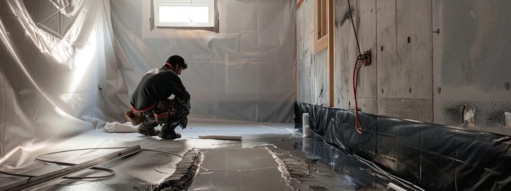 a bright and organized basement showcases a contractor in safety gear applying waterproofing membranes to exposed concrete walls while a french drain is being installed along the perimeter, highlighting a professional approach to emergency waterproofing. a bright and organized basement showcases a contractor in safety gear applying waterproofing membranes to exposed concrete walls while a french drain is being installed along the perimeter, highlighting a professional approach to emergency waterproofing.