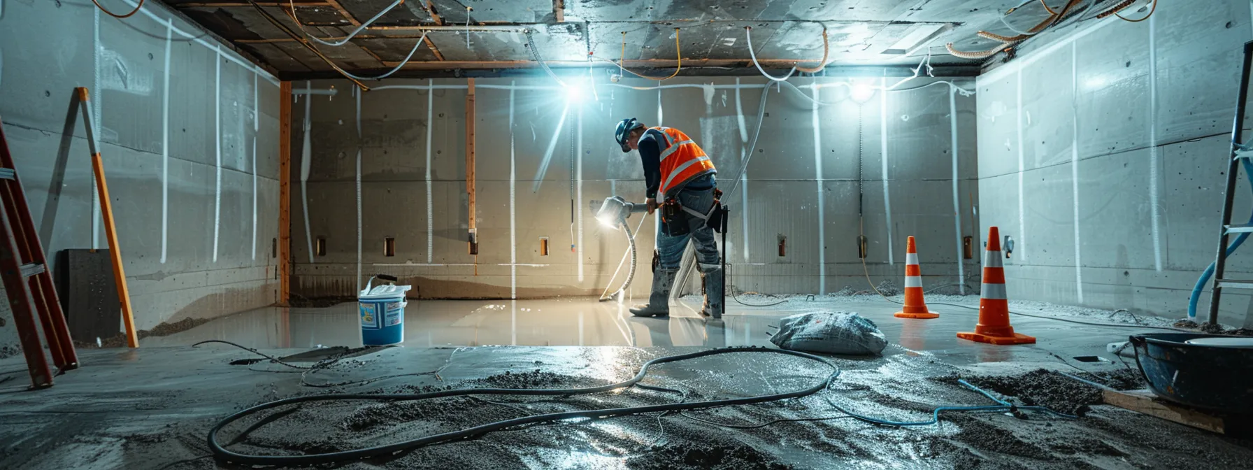a bright and organized basement showcases a professional waterproofing process, featuring exposed concrete walls, a contractor in safety gear applying hydraulic cement to seal cracks, and a freshly installed french drain, all highlighted by efficient lighting that emphasizes the importance of moisture control in residential safety. a bright and organized basement showcases a professional waterproofing process, featuring exposed concrete walls, a contractor in safety gear applying hydraulic cement to seal cracks, and a freshly installed french drain, all highlighted by efficient lighting that emphasizes the importance of moisture control in residential safety.