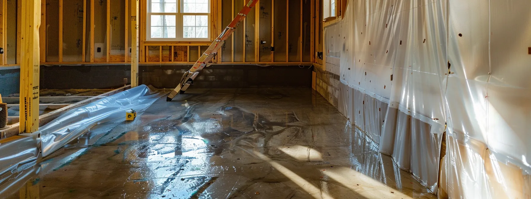 a bright and professional basement scene showcases contractors applying waterproofing membranes on exposed concrete walls, with a newly installed french drain and sump pump positioned meticulously, reflecting the transformative impact of expert moisture solutions. a bright and professional basement scene showcases contractors applying waterproofing membranes on exposed concrete walls, with a newly installed french drain and sump pump positioned meticulously, reflecting the transformative impact of expert moisture solutions.