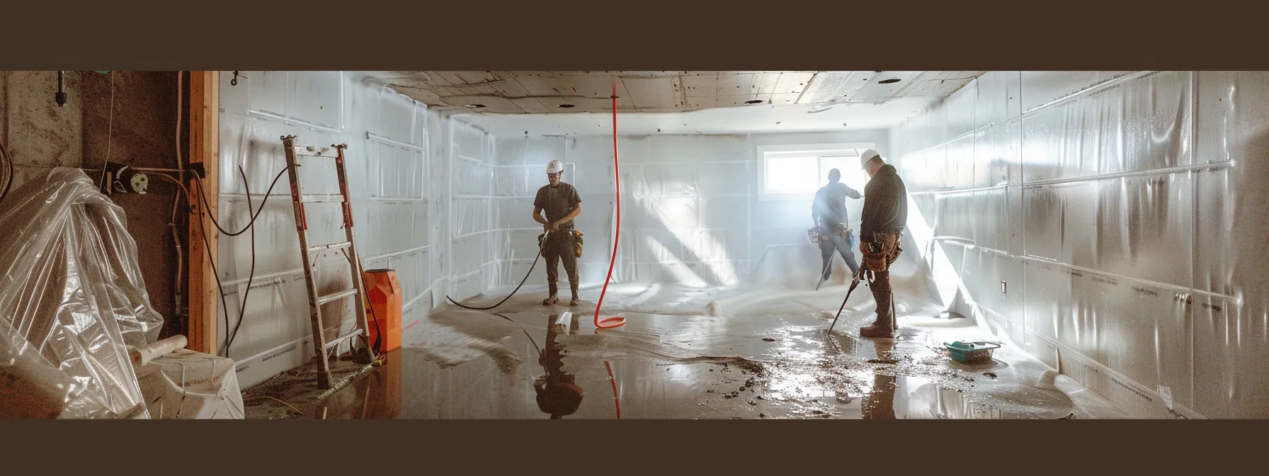 a bright and professional basement waterproofing scene showcases a contractor applying waterproofing membranes to exposed concrete walls while another neatly installs a french drain, all within a clean and well-lit residential space. a bright and professional basement waterproofing scene showcases a contractor applying waterproofing membranes to exposed concrete walls while another neatly installs a french drain, all within a clean and well-lit residential space.