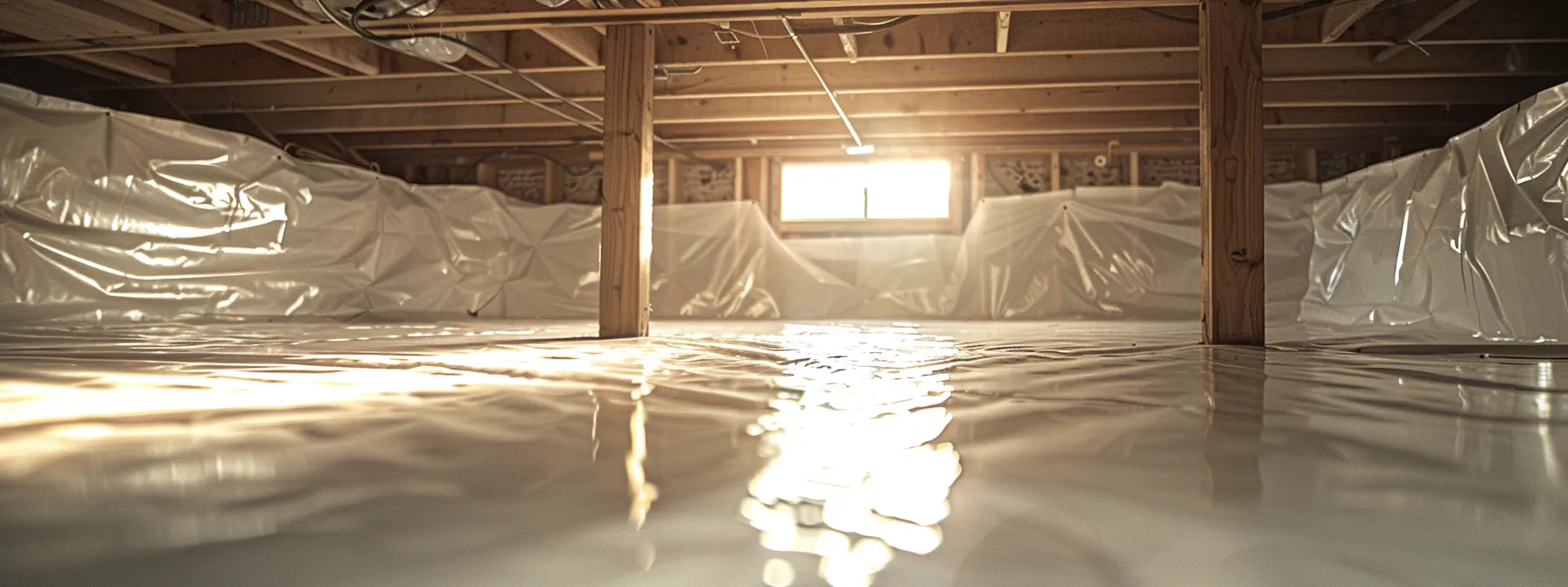 a bright, clean crawlspace features a pristine white vapor barrier reflecting soft overhead lighting, illustrating the vital importance of encapsulation for maintaining a healthy home environment.