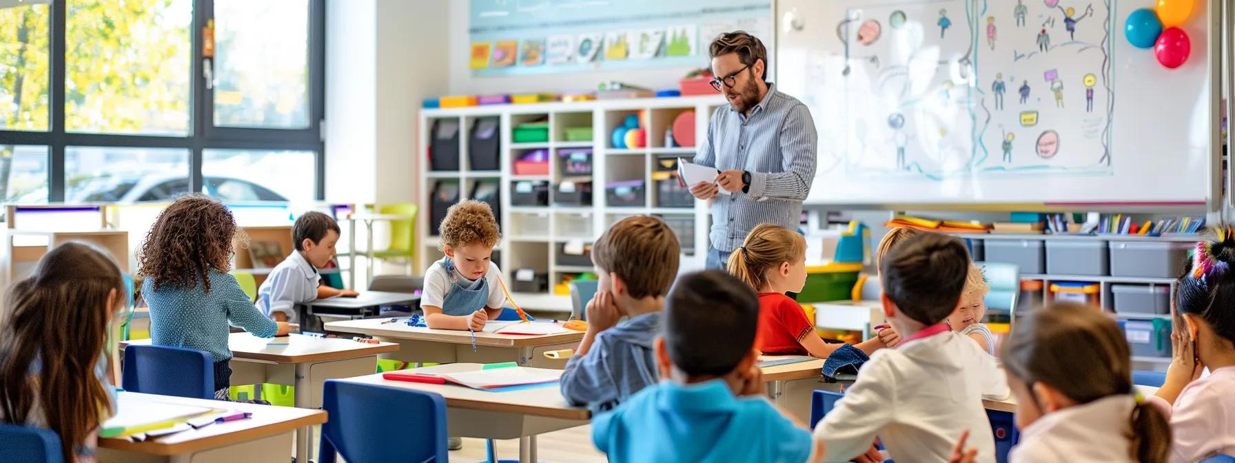 a bright, contemporary classroom filled with colorful educational materials, where an enthusiastic teacher assesses children's pre-writing activities, celebrating their progress through vibrant mark-making displays on a large whiteboard, emphasizing their engagement and growth in literacy skills. a bright, contemporary classroom filled with colorful educational materials, where an enthusiastic teacher assesses children's pre-writing activities, celebrating their progress through vibrant mark-making displays on a large whiteboard, emphasizing their engagement and growth in literacy skills.