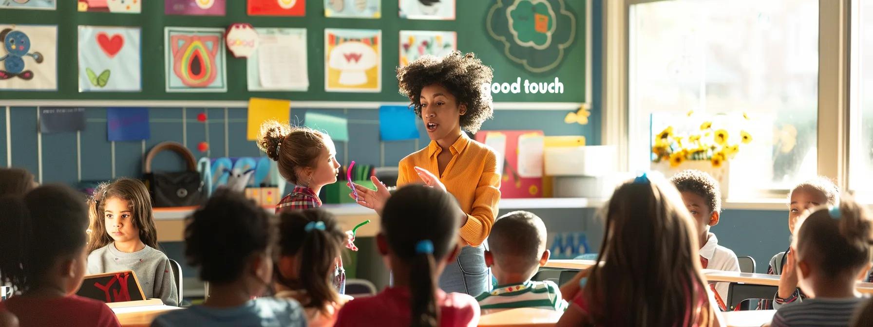 a bright, engaging classroom setting with a diverse group of young children intently listening as a warm, approachable teacher uses colorful visual aids to explain the concepts of “good touch” and “bad touch.” a bright, engaging classroom setting with a diverse group of young children intently listening as a warm, approachable teacher uses colorful visual aids to explain the concepts of “good touch” and “bad touch.”
