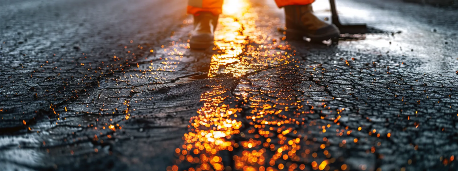 a bright, focused image captures the precision of a professional applying sealant to a freshly prepared asphalt crack, showcasing the gleaming, dark sealant contrasting against the textured gray surface under warm, ambient sunlight. a bright, focused image captures the precision of a professional applying sealant to a freshly prepared asphalt crack, showcasing the gleaming, dark sealant contrasting against the textured gray surface under warm, ambient sunlight.