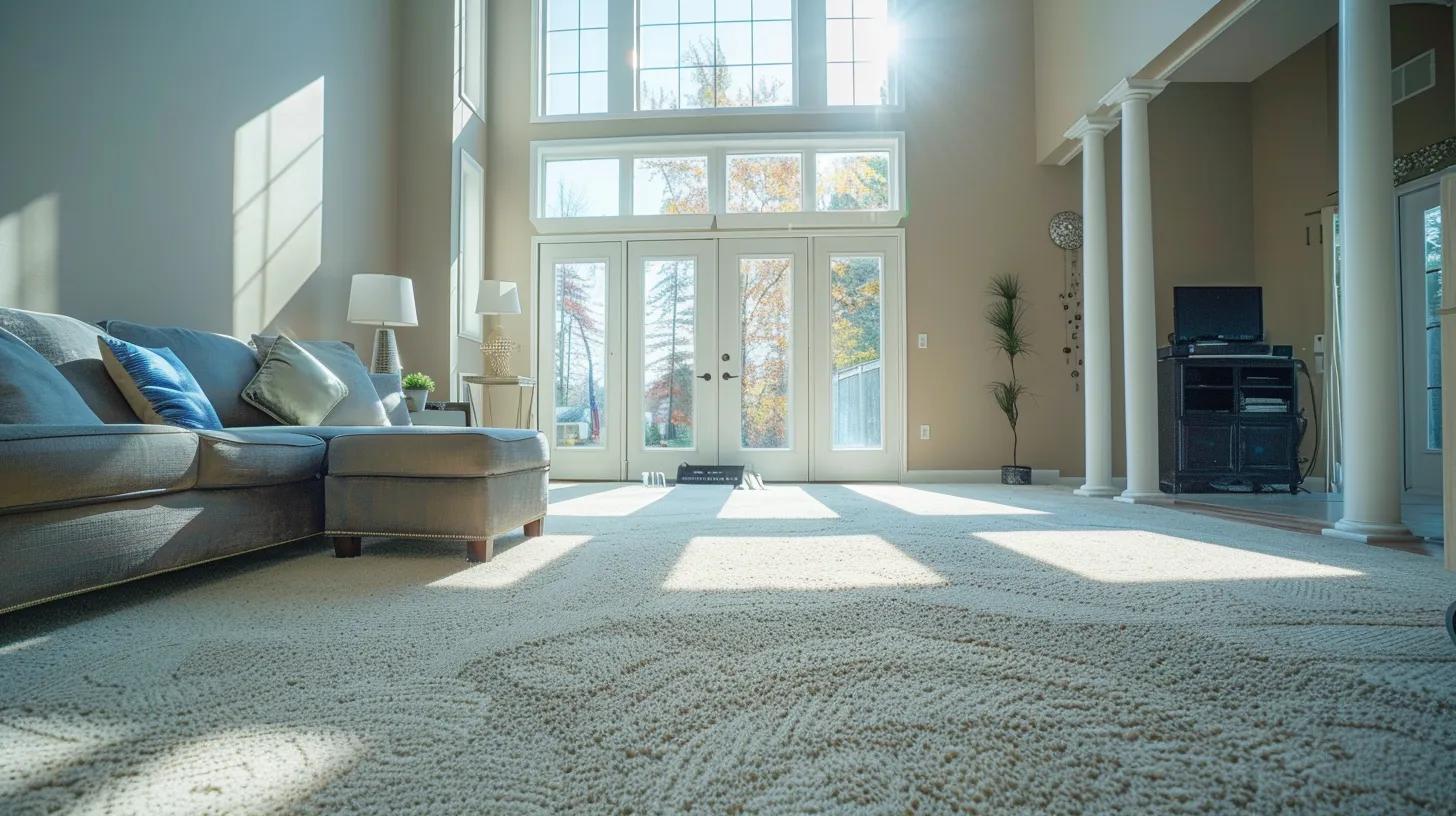 a bright, immaculate living room featuring sparkling clean carpets, freshly polished windows, and a professional cleaner utilizing advanced tools, emphasizing the transformative power of comprehensive cleaning services for a healthier home environment.