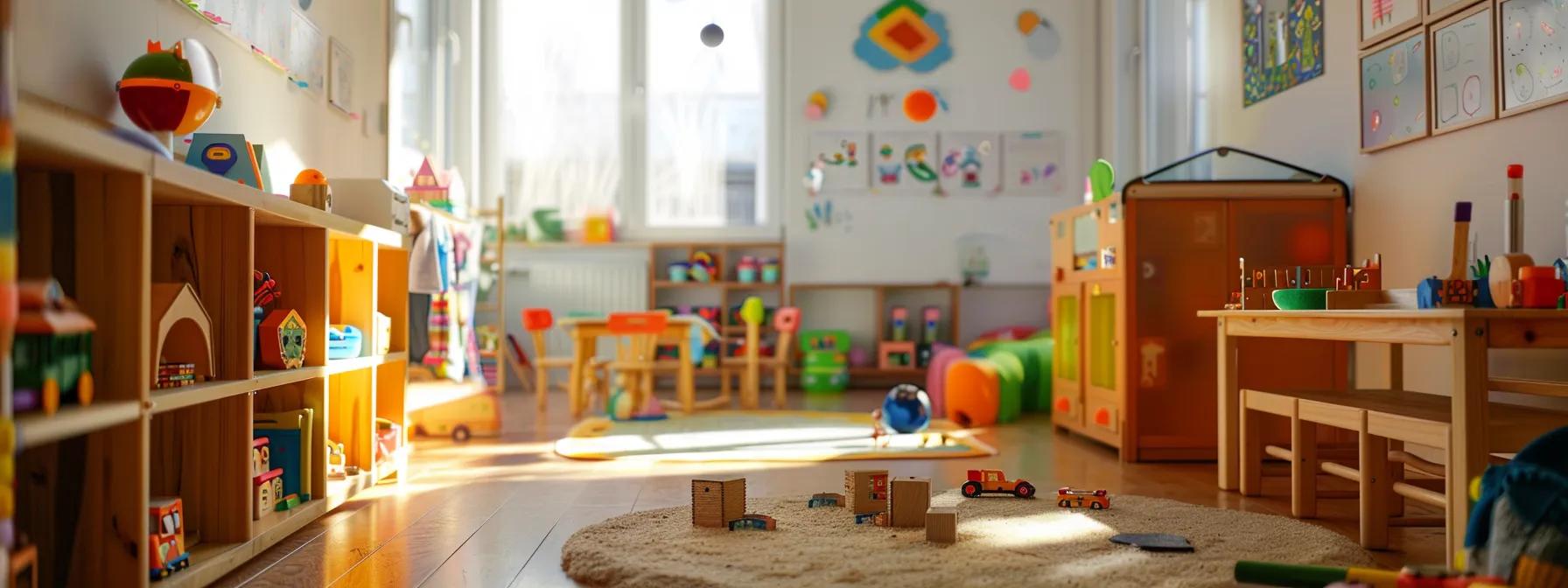 a bright, inviting playroom filled with colorful educational toys and interactive learning materials, creating a vibrant atmosphere that inspires child curiosity and fosters early childhood development.