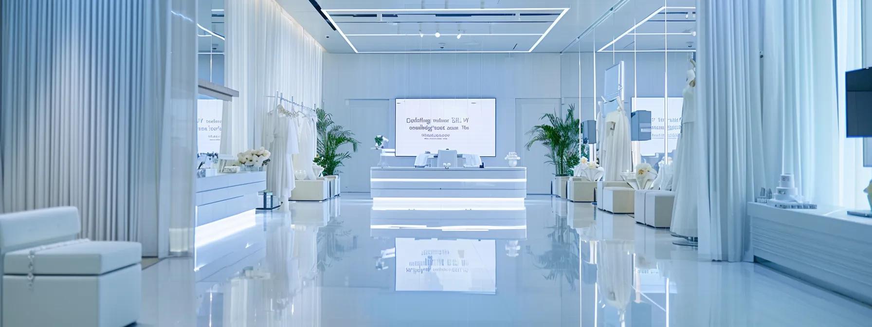 a bright, modern bridal salon interior with elegantly arranged wedding gowns and a sleek digital appointment screen prominently displaying available booking slots, creating a seamless and inviting atmosphere for brides to schedule their fittings. a bright, modern bridal salon interior with elegantly arranged wedding gowns and a sleek digital appointment screen prominently displaying available booking slots, creating a seamless and inviting atmosphere for brides to schedule their fittings.