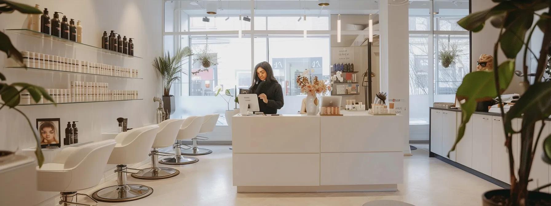 a bright, modern NY Brow & Threading Salon interior on nassau street, showcasing a satisfied client admiring their perfectly shaped eyebrows in a sleek, well-lit salon environment, with a friendly stylist presenting a personalized consultation.