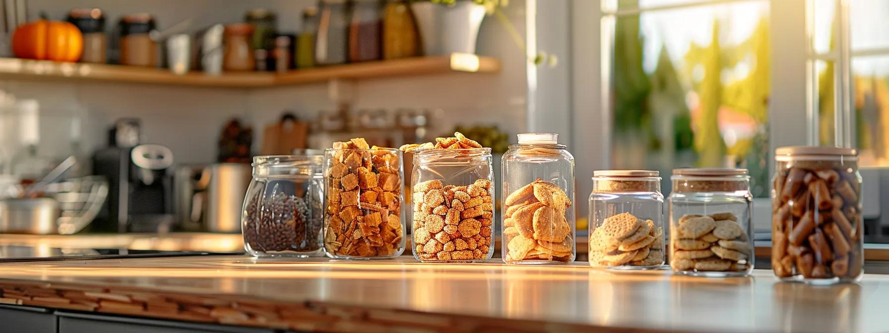 a bright, modern kitchen countertop displays an assortment of freshly baked, colorful dog treats arranged artfully, with jars of wholesome ingredients like oats and pumpkin in the background, showcasing the balance of flavor and health for delicate dog tummies. a bright, modern kitchen countertop displays an assortment of freshly baked, colorful dog treats arranged artfully, with jars of wholesome ingredients like oats and pumpkin in the background, showcasing the balance of flavor and health for delicate dog tummies.
