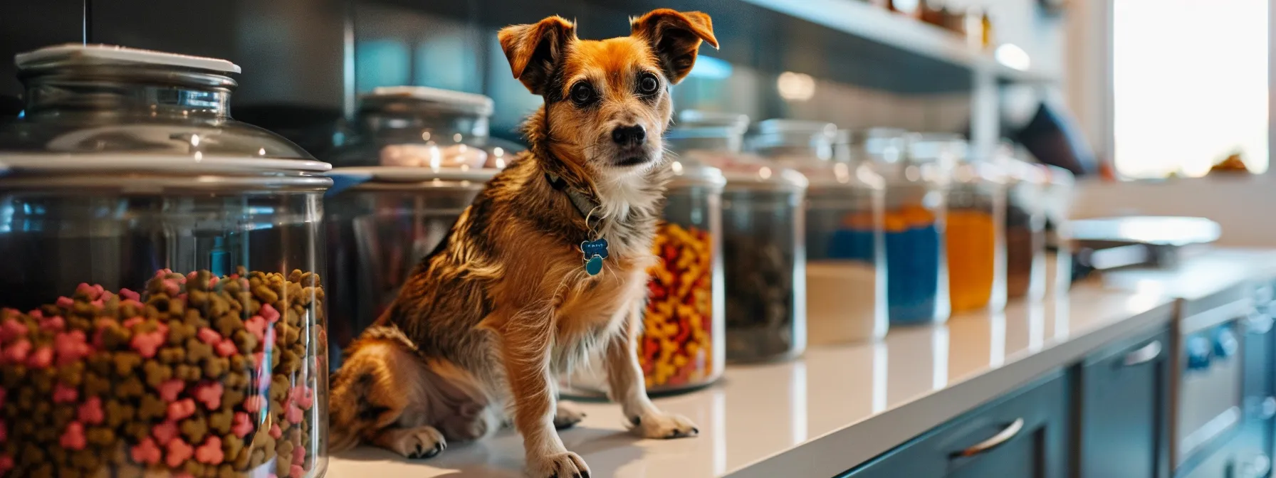 a bright, modern kitchen showcases an organized countertop filled with colorful homemade dog treats in various shapes, alongside neatly labeled jars for storage and a playful puppy eagerly anticipating a reward.
