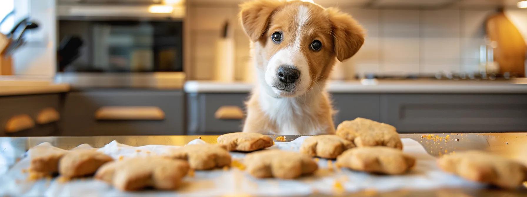 a bright, modern kitchen with a sleek countertop displays freshly baked charcoal dog biscuits, their uniform square shapes neatly arranged on parchment paper, while a playful puppy eagerly watches, highlighting the culinary care behind crafting nutritious treats for young dogs. a bright, modern kitchen with a sleek countertop displays freshly baked charcoal dog biscuits, their uniform square shapes neatly arranged on parchment paper, while a playful puppy eagerly watches, highlighting the culinary care behind crafting nutritious treats for young dogs.