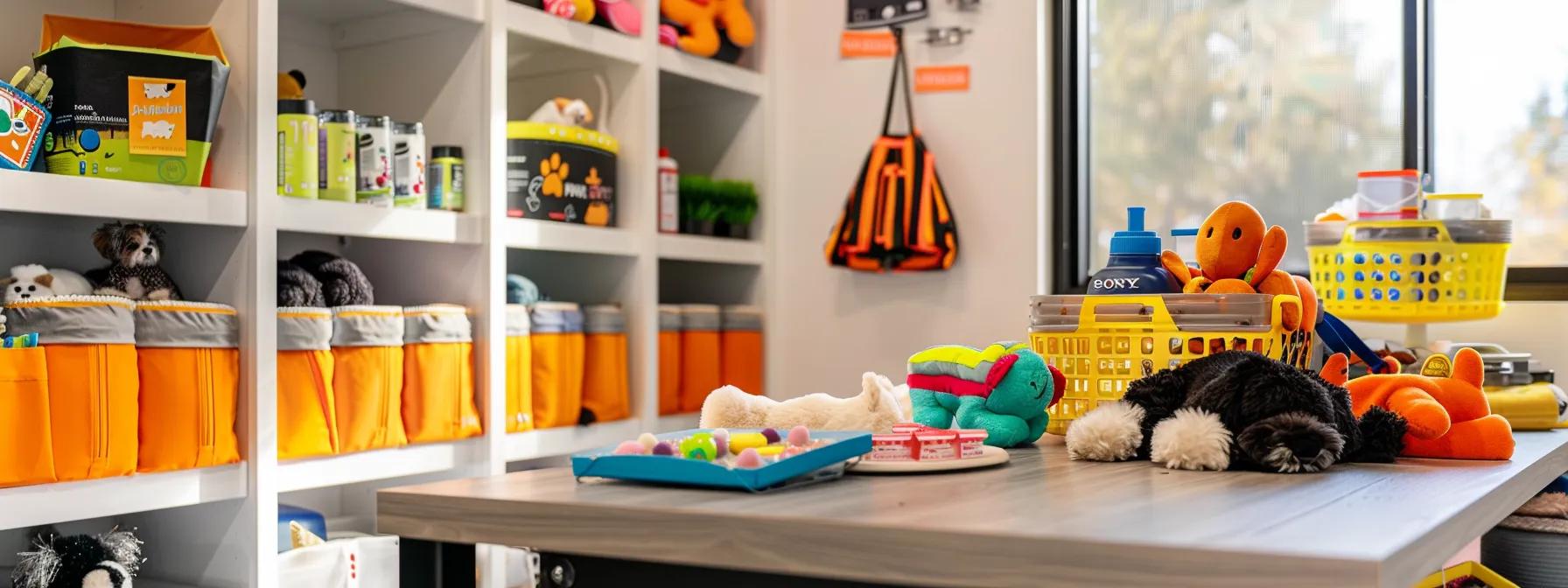 a bright, modern pet care workspace features a neatly organized table showcasing various durable stuffed dog toys alongside grooming supplies, emphasizing the importance of regular maintenance for pet safety and playfulness. a bright, modern pet care workspace features a neatly organized table showcasing various durable stuffed dog toys alongside grooming supplies, emphasizing the importance of regular maintenance for pet safety and playfulness.