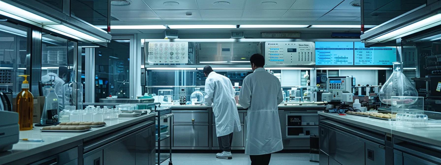 a bright, modern pet food laboratory showcases a meticulous setup where technicians in white coats examine sophisticated equipment, emphasizing safety protocols for producing gourmet dog treats with visible quality control charts and ingredient transparency displays in the background. a bright, modern pet food laboratory showcases a meticulous setup where technicians in white coats examine sophisticated equipment, emphasizing safety protocols for producing gourmet dog treats with visible quality control charts and ingredient transparency displays in the background.