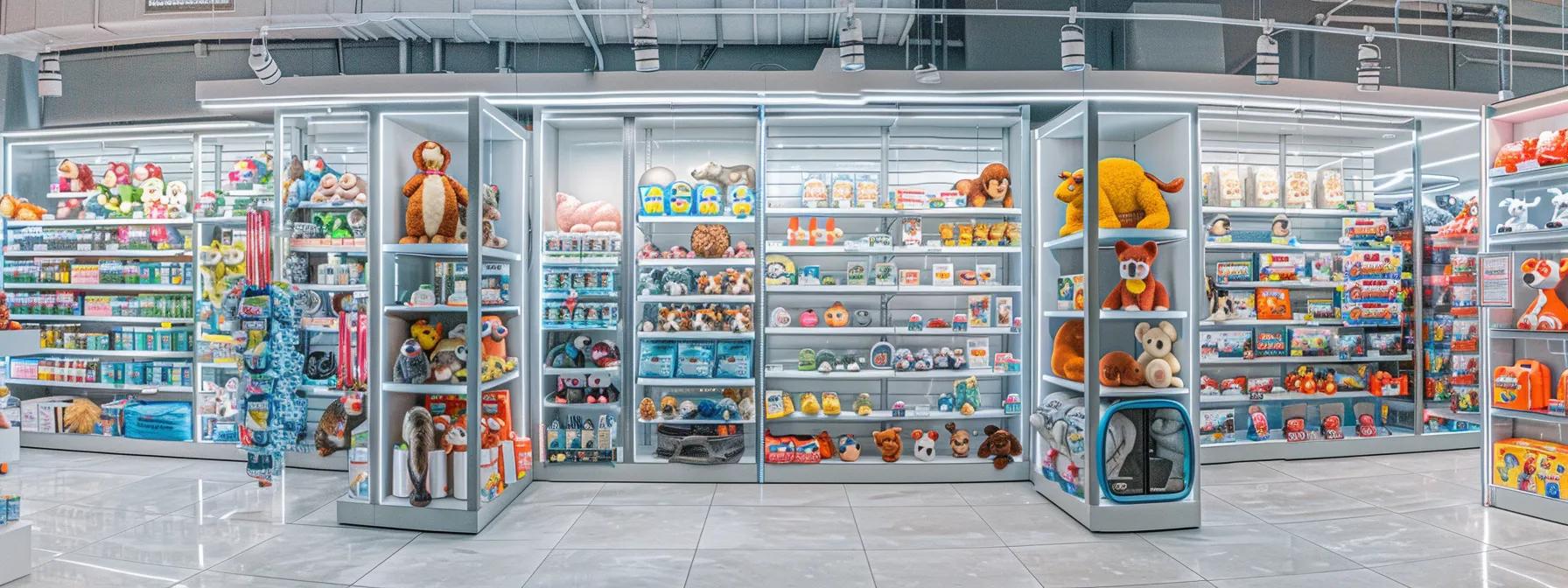 a bright, modern pet store interior showcases a variety of colorful and durable dog toys, strategically displayed on shelves, with an inviting atmosphere that emphasizes safety and suitability for different dog breeds. a bright, modern pet store interior showcases a variety of colorful and durable dog toys, strategically displayed on shelves, with an inviting atmosphere that emphasizes safety and suitability for different dog breeds.