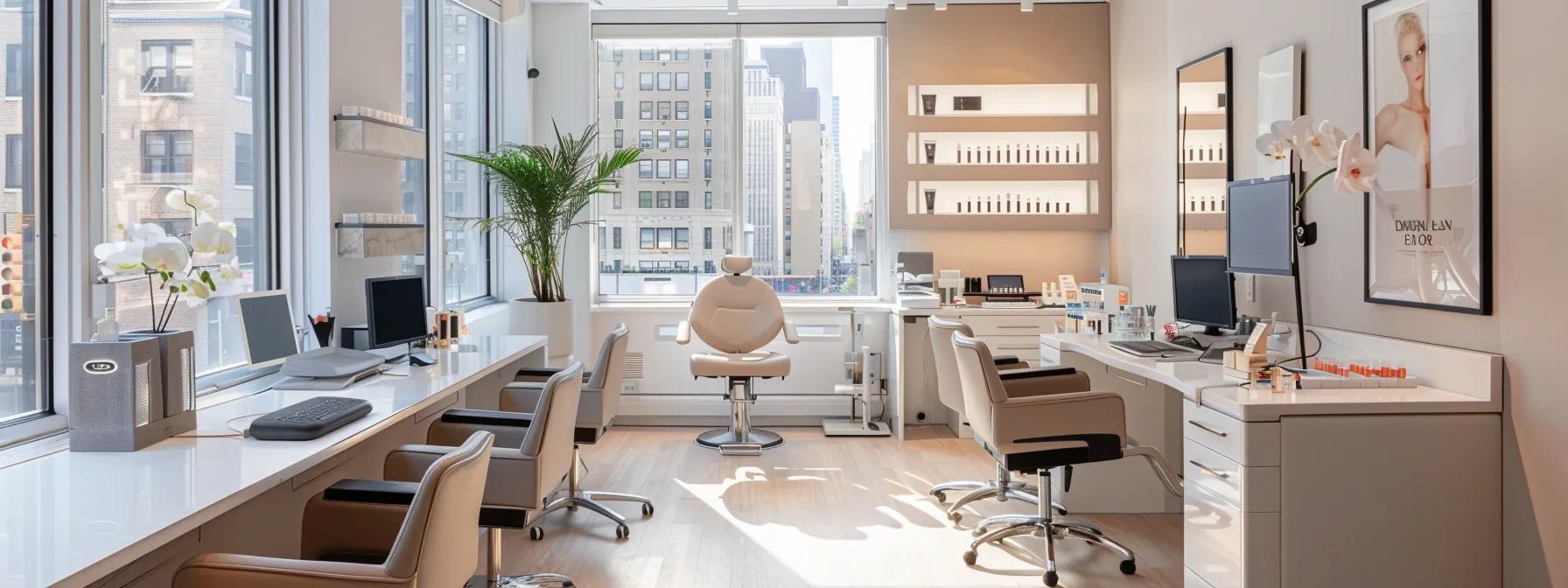 a bright, modern salon in new york showcases a skilled technician performing a budget-friendly eyelash lifting treatment, with a sleek workstation featuring neatly organized products and tiered service options displayed prominently, emphasizing accessibility and professionalism in beauty services.