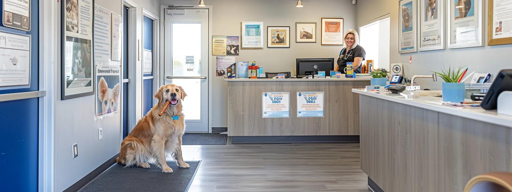 a bright, modern veterinary office showcases a delighted dog eagerly chewing on a bully stick in the foreground, while a satisfied pet owner watches, surrounded by certificates and posters highlighting the benefits of dental health for dogs. a bright, modern veterinary office showcases a delighted dog eagerly chewing on a bully stick in the foreground, while a satisfied pet owner watches, surrounded by certificates and posters highlighting the benefits of dental health for dogs.