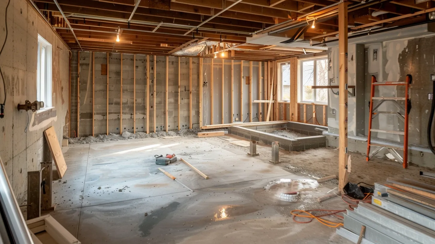 a bright, well-lit residential basement showcases the waterproofing process, featuring exposed concrete walls as a contractor meticulously seals cracks with hydraulic cement while another installs a french drain, emphasizing the importance of maintaining a dry and secure environment. a bright, well-lit residential basement showcases the waterproofing process, featuring exposed concrete walls as a contractor meticulously seals cracks with hydraulic cement while another installs a french drain, emphasizing the importance of maintaining a dry and secure environment.