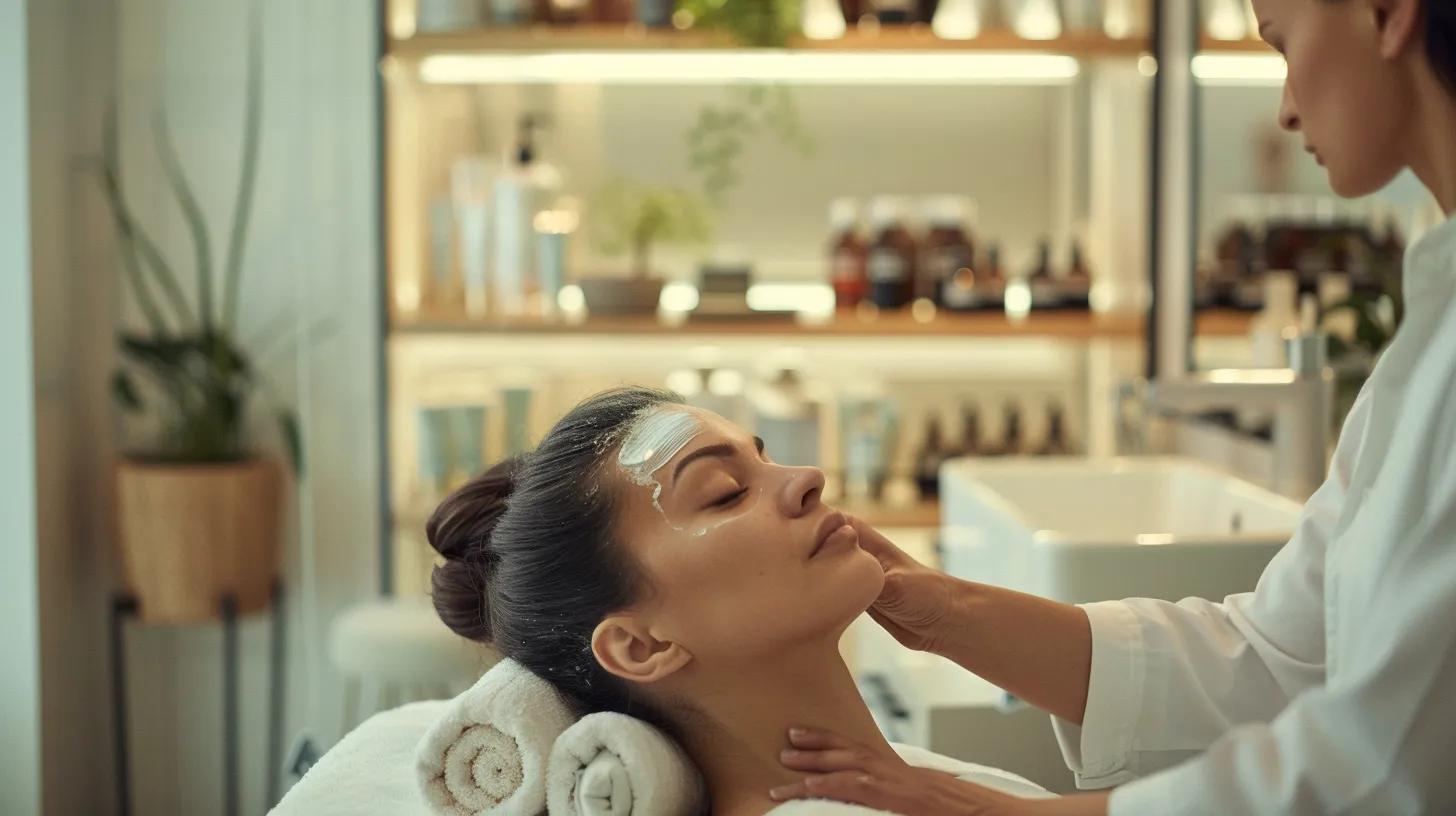 a bright, well-organized beauty salon interior showcases a client receiving facial hair threading, with soothing skincare products artfully displayed nearby, emphasizing the importance of aftercare for optimal skin health.