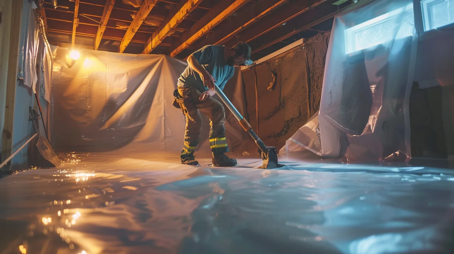 a brightly-lit basement showcases a contractor expertly applying waterproofing membranes to exposed concrete walls while sealing cracks with hydraulic cement, highlighting the importance of proactive maintenance against wilmington's humid climate. a brightly-lit basement showcases a contractor expertly applying waterproofing membranes to exposed concrete walls while sealing cracks with hydraulic cement, highlighting the importance of proactive maintenance against wilmington's humid climate.
