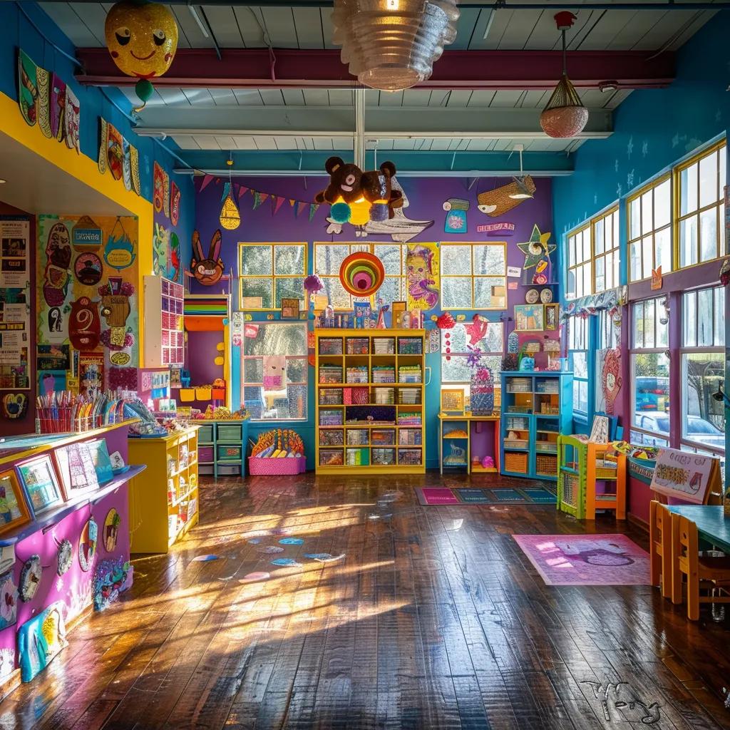 A brightly decorated daycare room in Atlanta, filled with engaging educational toys and colorful art supplies.