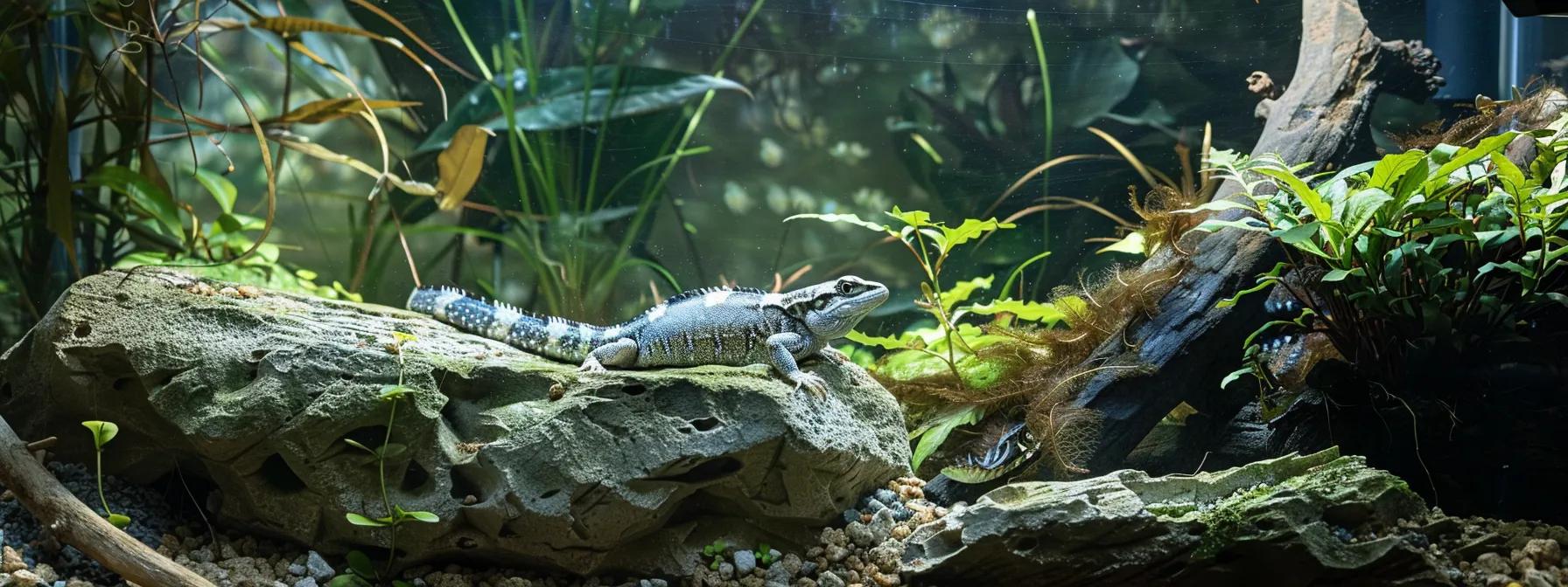a brightly lit aquarium setup features a distressed reptile perched on a rock beneath a uvb lamp, highlighting the stark contrast between the vibrant health of one side and the shadowed, sickly appearance of the other, capturing the critical importance of proper uvb exposure for reptilian well-being. a brightly lit aquarium setup features a distressed reptile perched on a rock beneath a uvb lamp, highlighting the stark contrast between the vibrant health of one side and the shadowed, sickly appearance of the other, capturing the critical importance of proper uvb exposure for reptilian well-being.