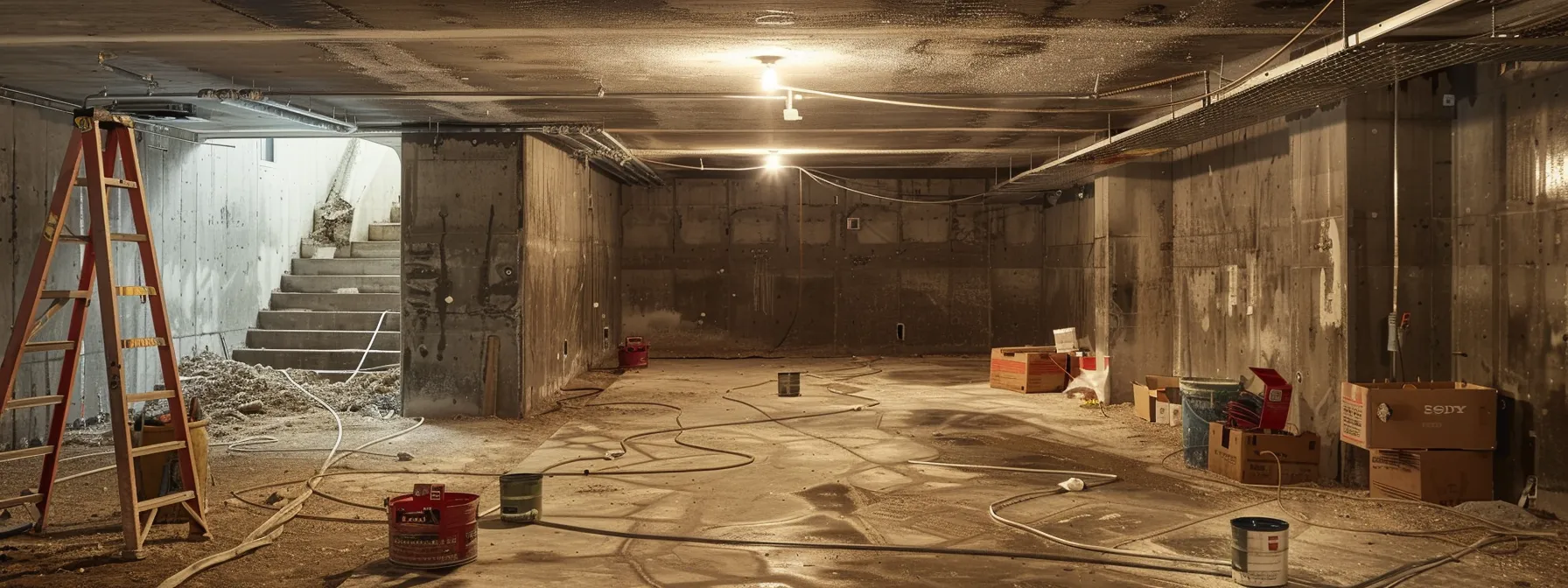 a brightly lit basement showcases a contractor applying waterproofing membranes to exposed concrete walls, while another installs a french drain, embodying a meticulous approach to effective moisture control. a brightly lit basement showcases a contractor applying waterproofing membranes to exposed concrete walls, while another installs a french drain, embodying a meticulous approach to effective moisture control.