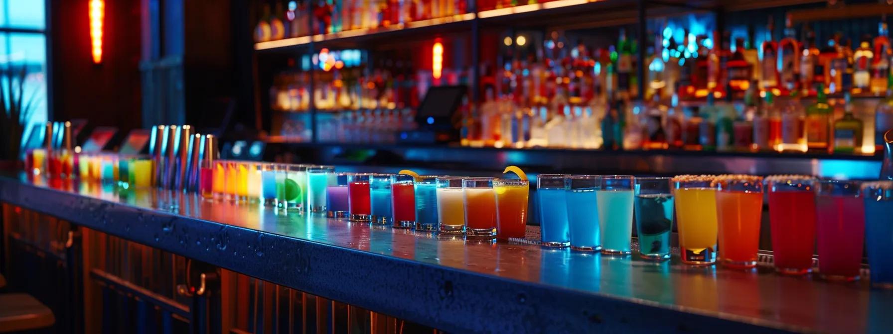 a brightly lit, modern bar setting features an array of colorful thc-infused beverages elegantly displayed on the countertop, inviting patrons to choose a smooth alternative to smoking while enjoying a vibrant nightlife atmosphere. a brightly lit, modern bar setting features an array of colorful thc-infused beverages elegantly displayed on the countertop, inviting patrons to choose a smooth alternative to smoking while enjoying a vibrant nightlife atmosphere.
