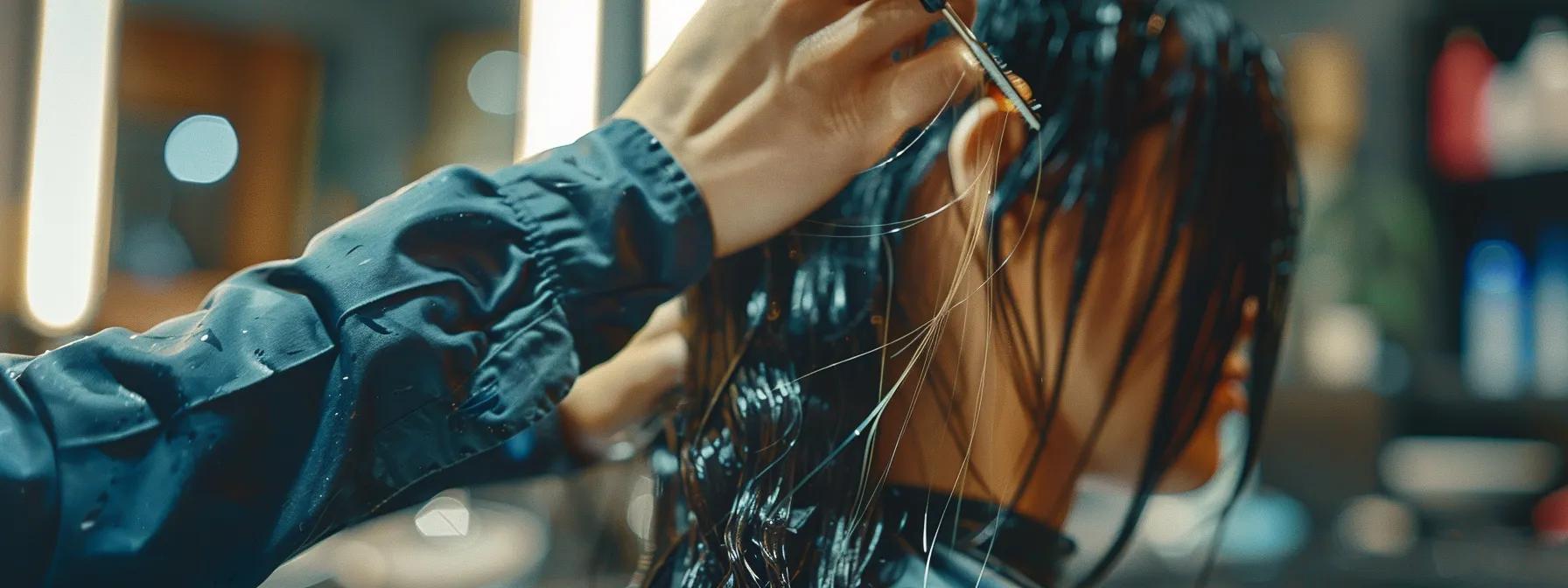 A stylist carefully sectioning wet hair with precision tools, demonstrating professional techniques essential for consistent adjustment of Micro K-Tips extensions. A stylist carefully sectioning wet hair with precision tools, demonstrating professional techniques essential for consistent adjustment of Micro K-Tips extensions.