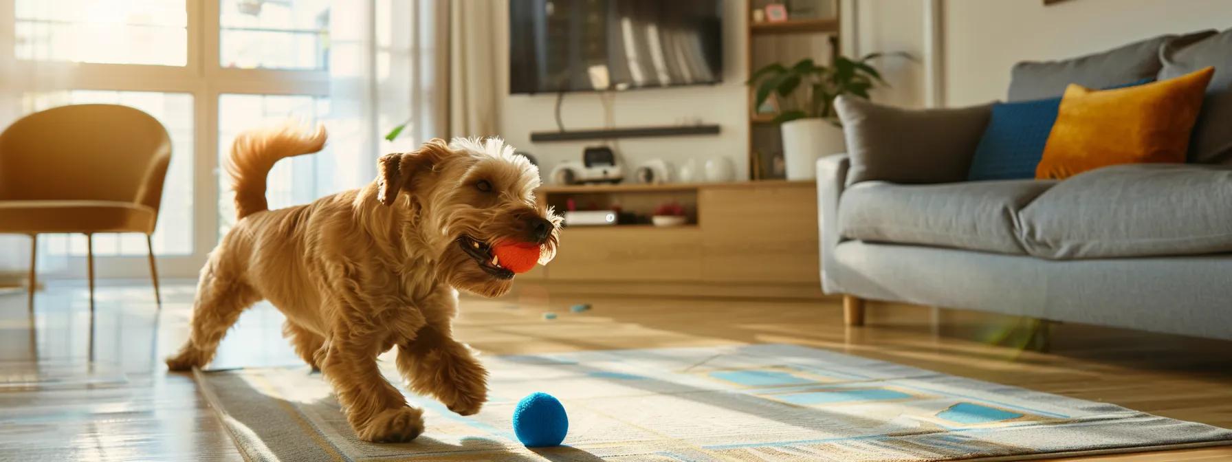 a brightly lit modern living room features a joyful dog vigorously playing with a colorful plush squeaky toy, capturing the dynamic interaction between pet and owner in an engaging, playful atmosphere. a brightly lit modern living room features a joyful dog vigorously playing with a colorful plush squeaky toy, capturing the dynamic interaction between pet and owner in an engaging, playful atmosphere.