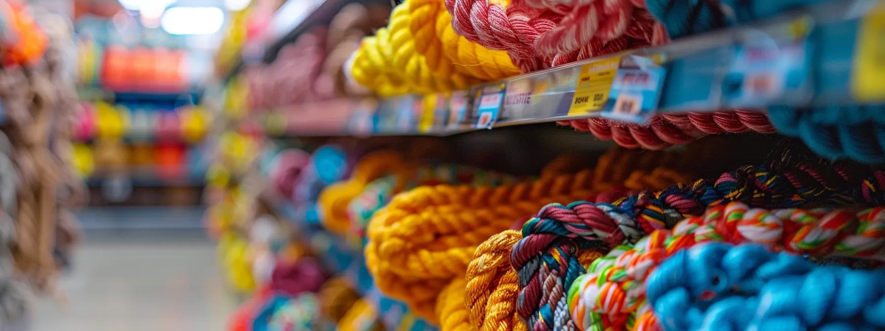 a brightly lit modern pet store aisle showcases vibrant, durable rope dog toys labeled with safety certifications, emphasizing the importance of non-toxic materials for pet health and enriching playtime. a brightly lit modern pet store aisle showcases vibrant, durable rope dog toys labeled with safety certifications, emphasizing the importance of non-toxic materials for pet health and enriching playtime.