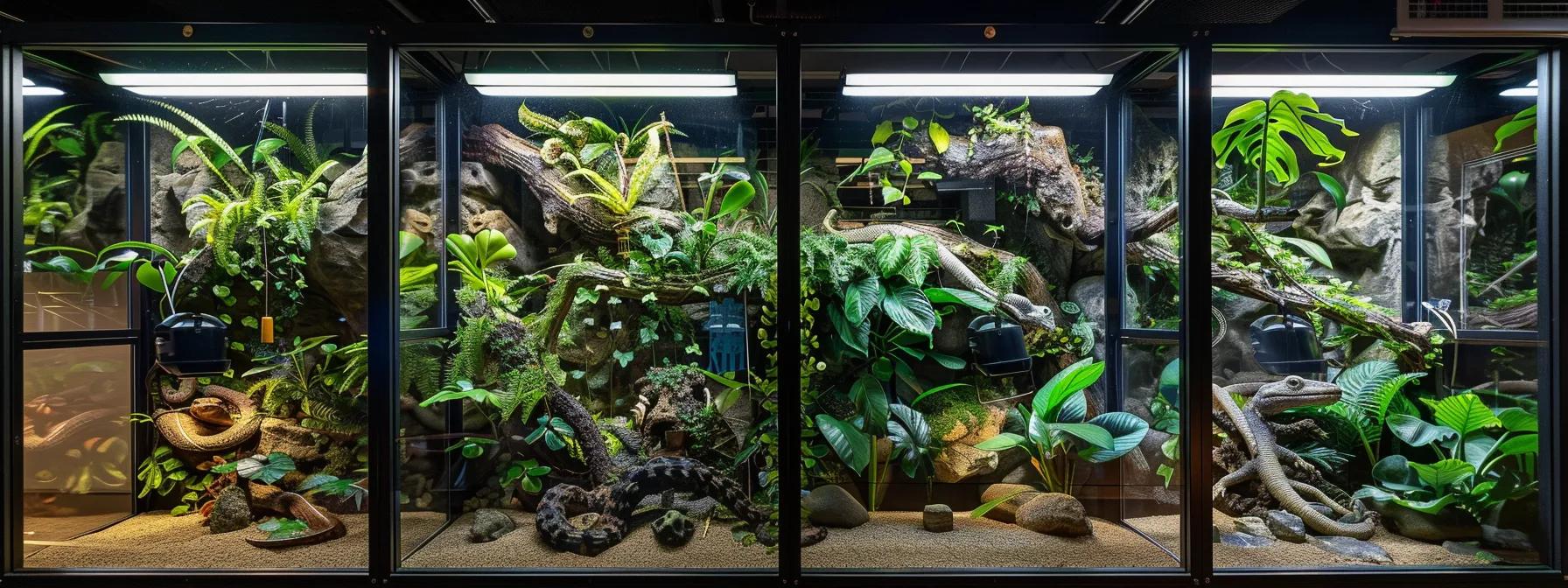 a brightly lit, modern reptile enclosure setup showcases various substrates, emphasizing a central focus on the risky options displayed prominently, conveying the theme of safety and health for pet reptiles. a brightly lit, modern reptile enclosure setup showcases various substrates, emphasizing a central focus on the risky options displayed prominently, conveying the theme of safety and health for pet reptiles.
