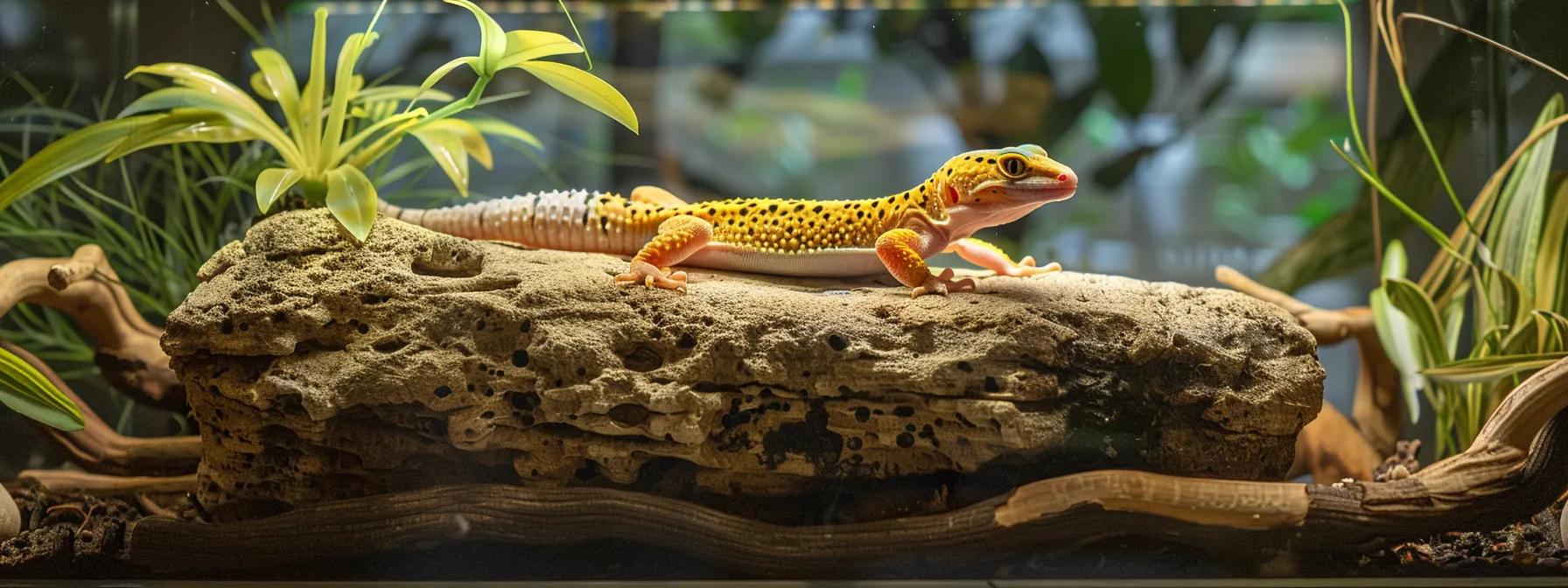 a brightly lit, modern reptile care setup showcases a vibrant leopard gecko perched on a stylish terrarium rock, emphasizing its healthy, active demeanor within a meticulously organized feeding station.