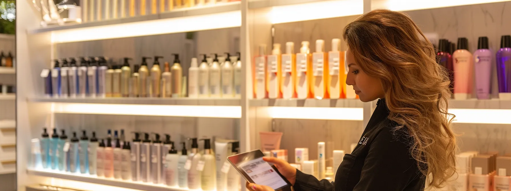 a brightly lit modern salon interior showcases a stylist expertly analyzing a digital chart of hair extension lengths on a sleek tablet, surrounded by an array of luxurious hair extension samples that emphasize professionalism and precision in hair care choices. a brightly lit modern salon interior showcases a stylist expertly analyzing a digital chart of hair extension lengths on a sleek tablet, surrounded by an array of luxurious hair extension samples that emphasize professionalism and precision in hair care choices.