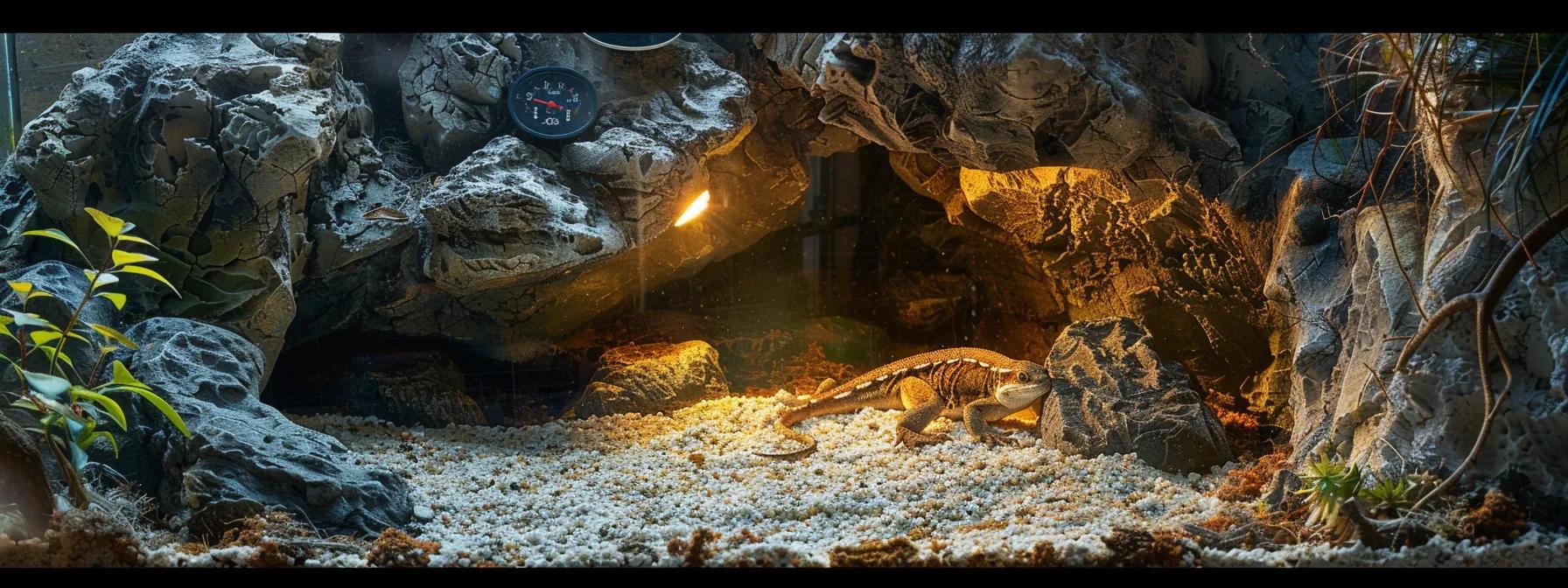 a brightly lit reptile habitat featuring a basking bulb illuminating a textured rock basking area, with temperature gauges and carefully arranged heat gradients, emphasizing the importance of optimal conditions for reptile wellbeing.