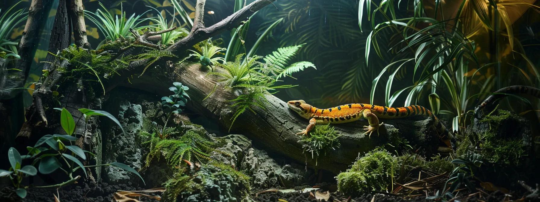 a brightly lit reptile terrarium showcases a variety of species basking under a specially designed uvb lamp, highlighting the importance of controlled lighting for their health and wellbeing. a brightly lit reptile terrarium showcases a variety of species basking under a specially designed uvb lamp, highlighting the importance of controlled lighting for their health and wellbeing.