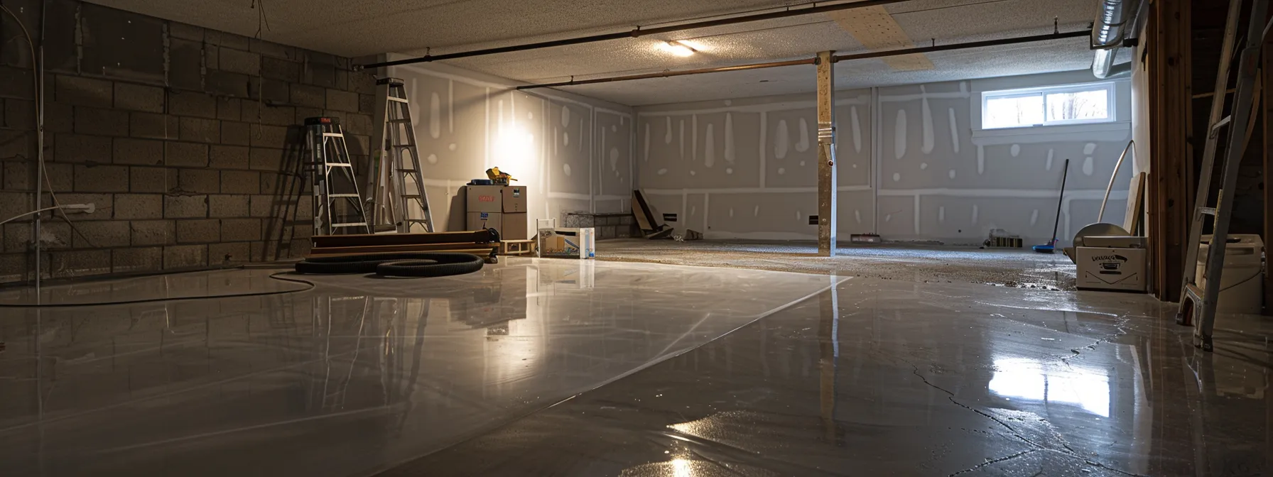 a brightly lit residential basement showcases a contractor expertly applying waterproofing membranes to exposed concrete walls, while another installs a french drain and a sump pump, all within a clean and organized workspace. a brightly lit residential basement showcases a contractor expertly applying waterproofing membranes to exposed concrete walls, while another installs a french drain and a sump pump, all within a clean and organized workspace.