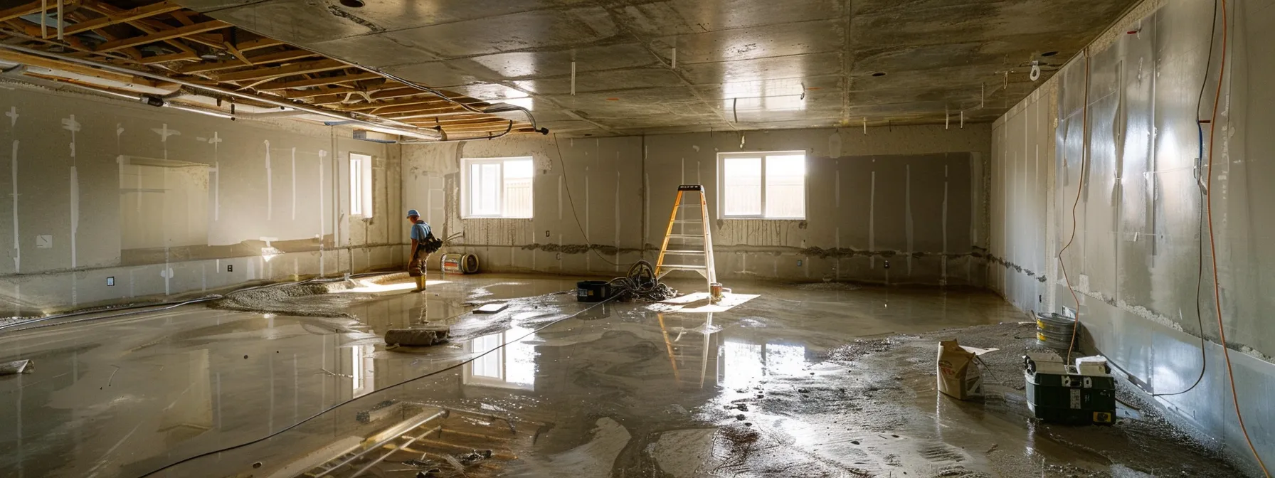 a brightly lit residential basement showcases the waterproofing process, featuring exposed concrete walls with workers applying waterproof membranes, sealing cracks with hydraulic cement, and installing a french drain, all within a clean and professional environment. a brightly lit residential basement showcases the waterproofing process, featuring exposed concrete walls with workers applying waterproof membranes, sealing cracks with hydraulic cement, and installing a french drain, all within a clean and professional environment.
