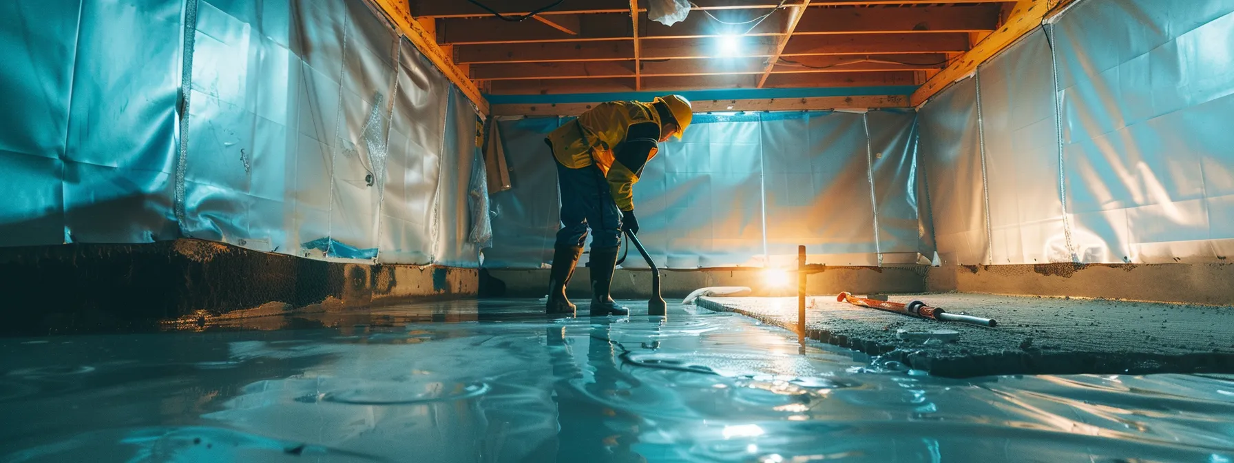 a brightly lit residential basement showcases a contractor in safety gear applying waterproof membranes to exposed concrete walls while installing a french drain, highlighting the transformative process of basement waterproofing for enhanced home value and moisture protection. a brightly lit residential basement showcases a contractor in safety gear applying waterproof membranes to exposed concrete walls while installing a french drain, highlighting the transformative process of basement waterproofing for enhanced home value and moisture protection.