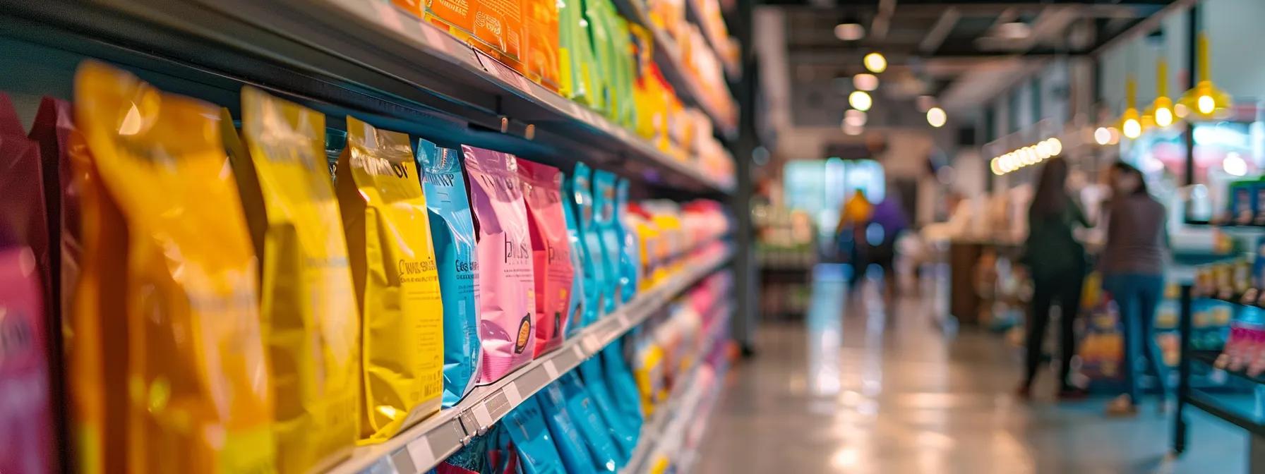 a brightly lit urban pet supply store showcases an array of colorful dog food bags, with customers analyzing products along sleek, modern shelves, emphasizing the growing trend of online shopping for pet nutrition. a brightly lit urban pet supply store showcases an array of colorful dog food bags, with customers analyzing products along sleek, modern shelves, emphasizing the growing trend of online shopping for pet nutrition.