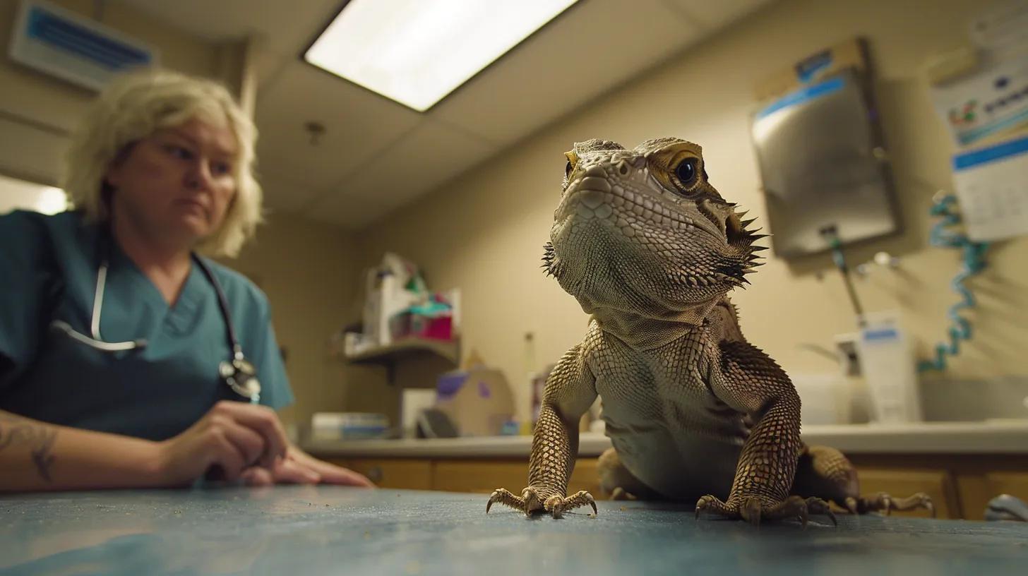 a brightly lit veterinary examination room features a concerned pet owner observing a distressed lizard on the examination table, with a focused veterinarian preparing to assess the reptile's subtle signs of illness.