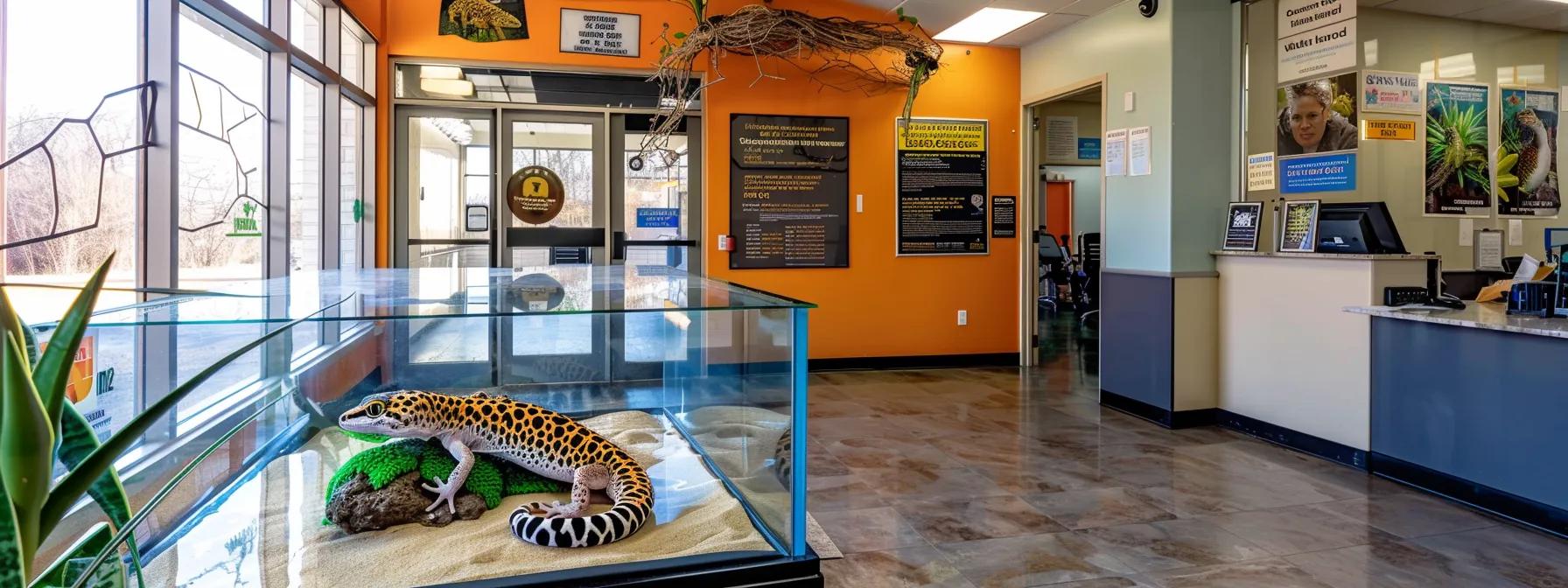 a brightly lit veterinary office with a leopard gecko prominently displayed in a glass terrarium, surrounded by educational posters about reptile health, creating a vivid scene that emphasizes awareness and care for exotic pet health issues. a brightly lit veterinary office with a leopard gecko prominently displayed in a glass terrarium, surrounded by educational posters about reptile health, creating a vivid scene that emphasizes awareness and care for exotic pet health issues.
